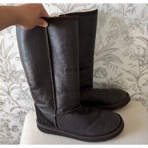 Vintage Sheepskin Sherpa Women's Brown Leather  High Fold Down Boots Sz 9